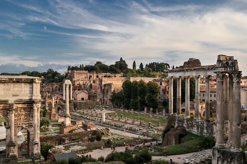 Roman Forum ruins with the Arch of Septimius Severus and Temple of Saturn, Rome